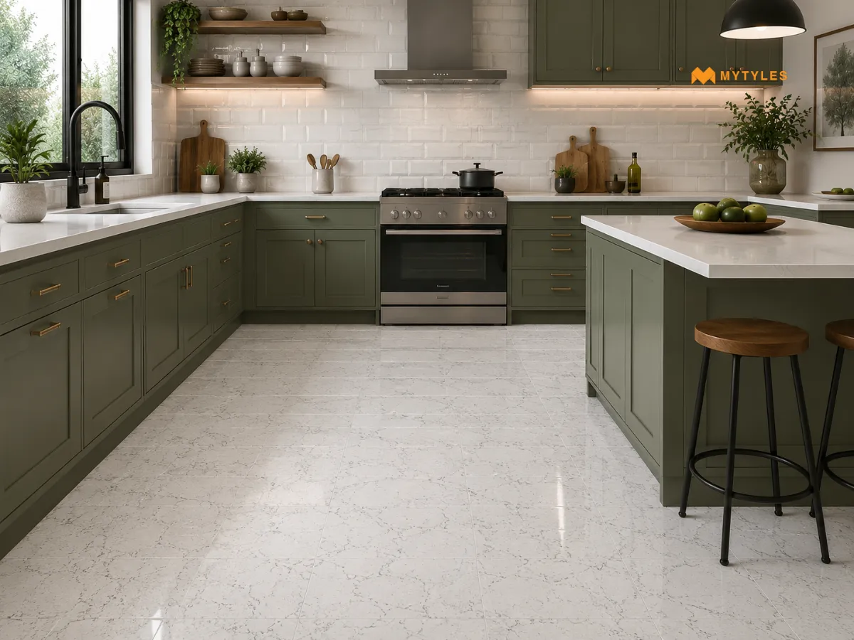 White Subway Tiles and White statuario Floor Tiles in Kitchen